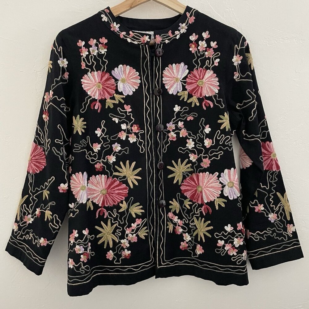 Bedford Fair Women's Xsp Black Floral Embroidered Jacket Boho Cottagecore 90s